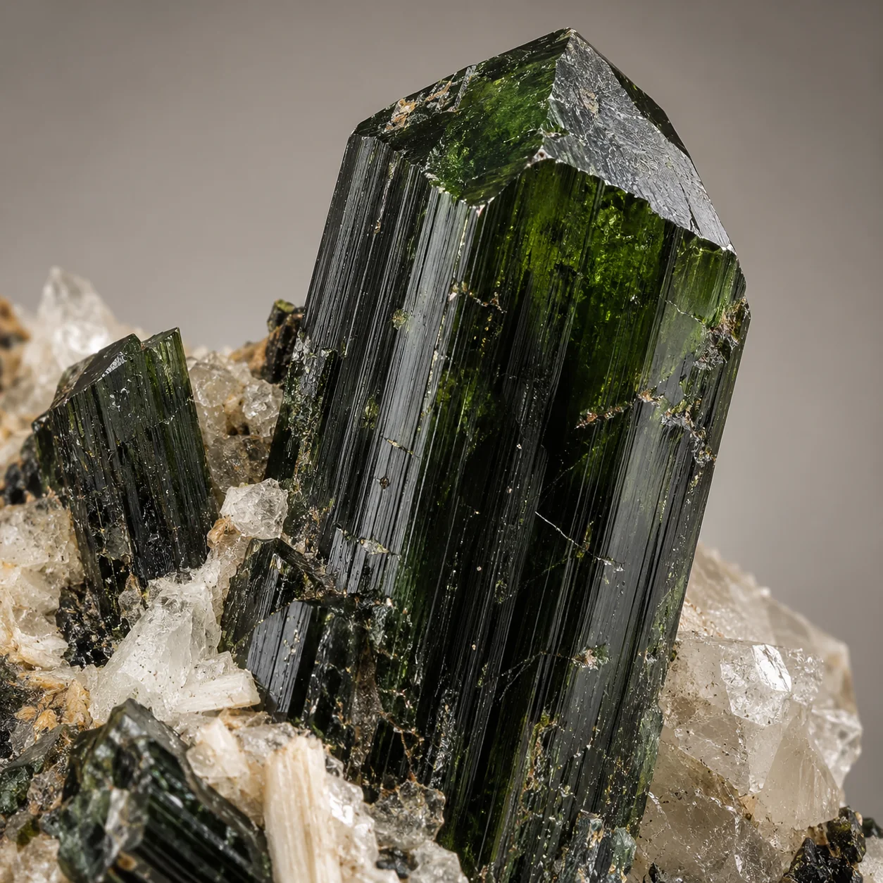 Generated macro view: Dark green-black aegirine prism termination and longitudinal striations in pale quartz and albite