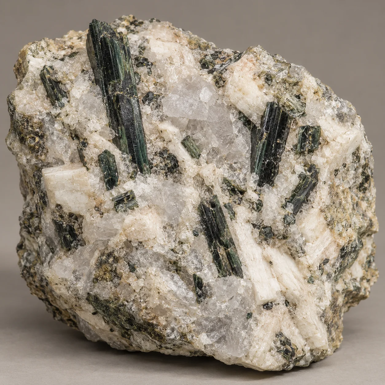 Generated matrix view: Slender aegirine prisms distributed through pale quartz and albite matrix