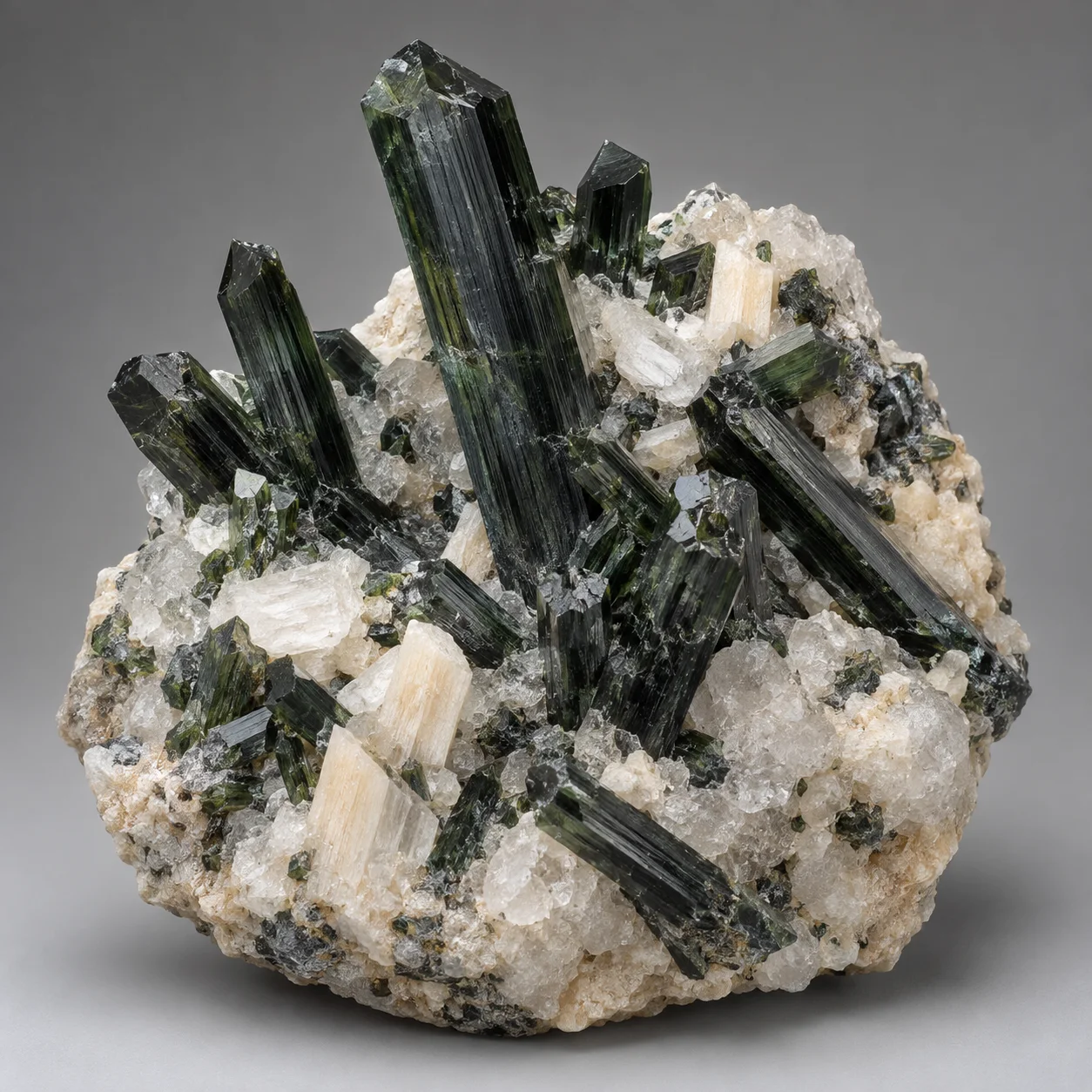 Dark green-black aegirine prisms in a pale quartz and albite matrix, shown as an evidence-informed editorial illustration
