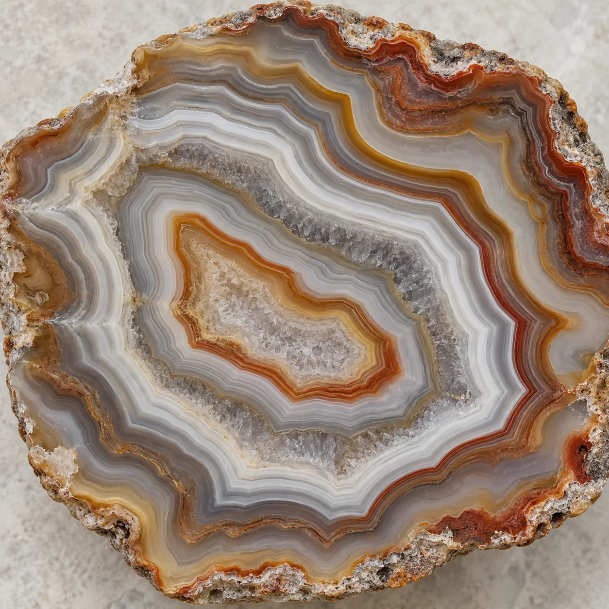 Generated macro view of a polished agate slice with fine concentric banding
