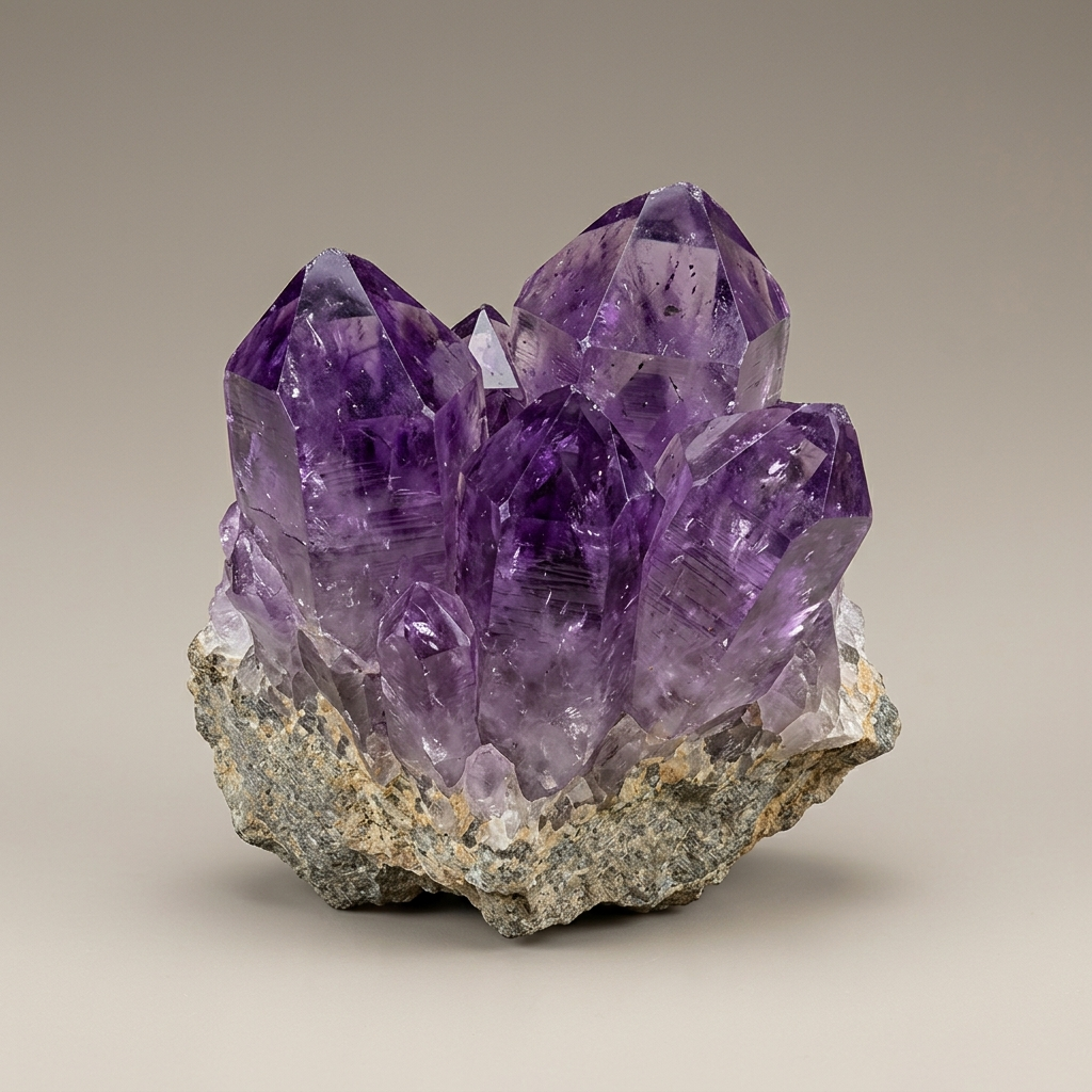 Generated view of amethyst, the purple variety of quartz: a prismatic crystal cluster on rock matrix