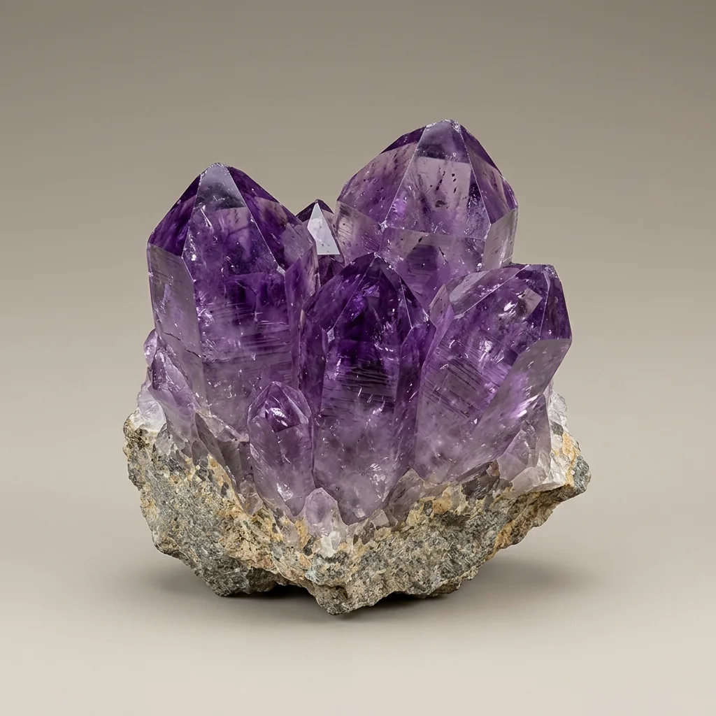 Generated view of amethyst, the purple variety of quartz: a prismatic crystal cluster on rock matrix