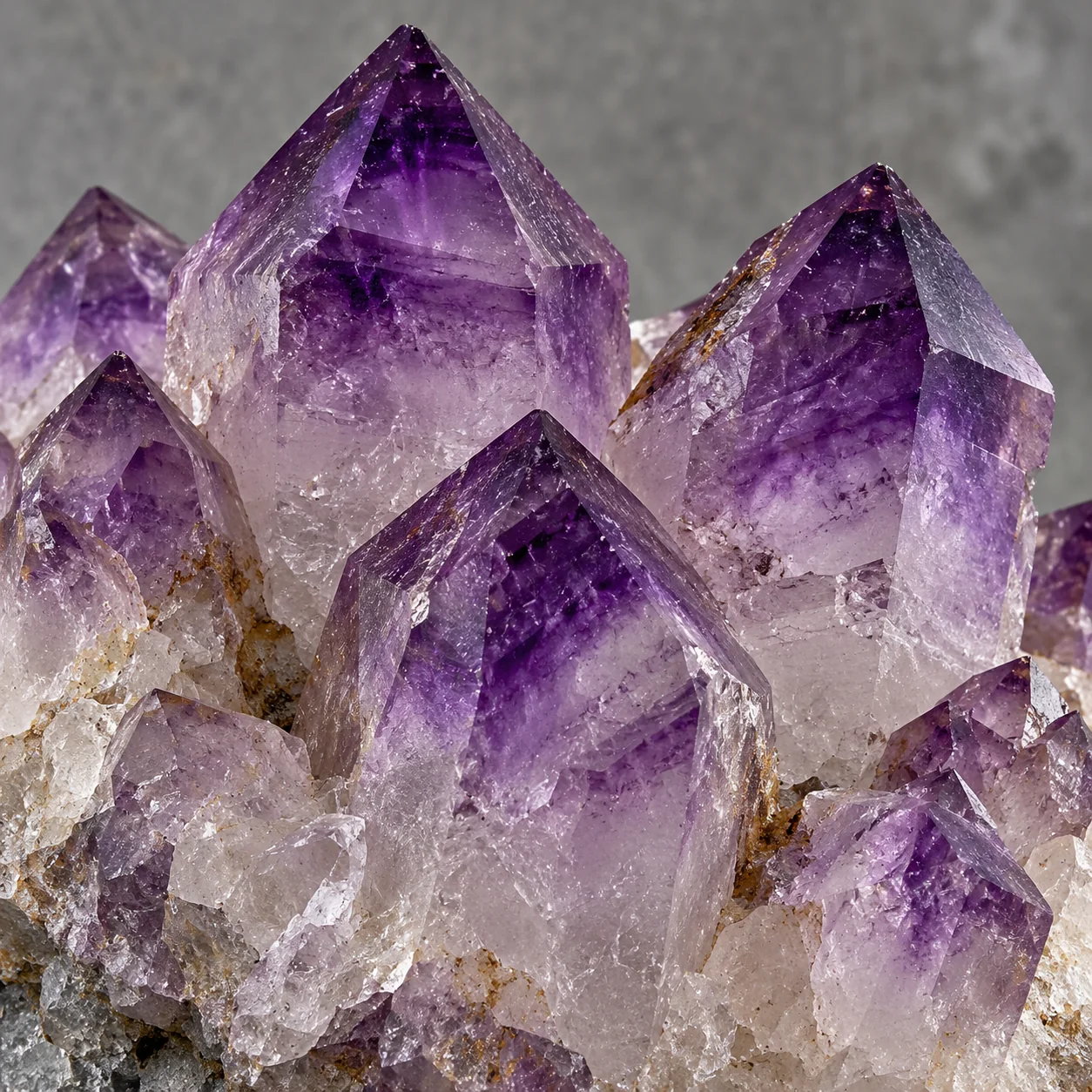 Generated macro view of amethyst quartz crystal terminations with purple colour zoning