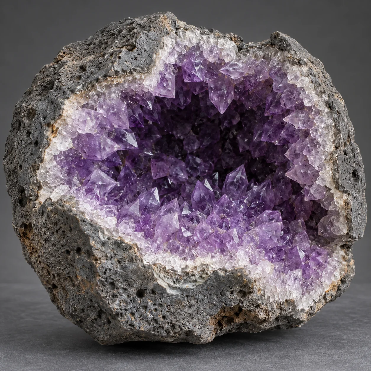 Generated matrix view of an amethyst-lined geode cavity in grey basalt