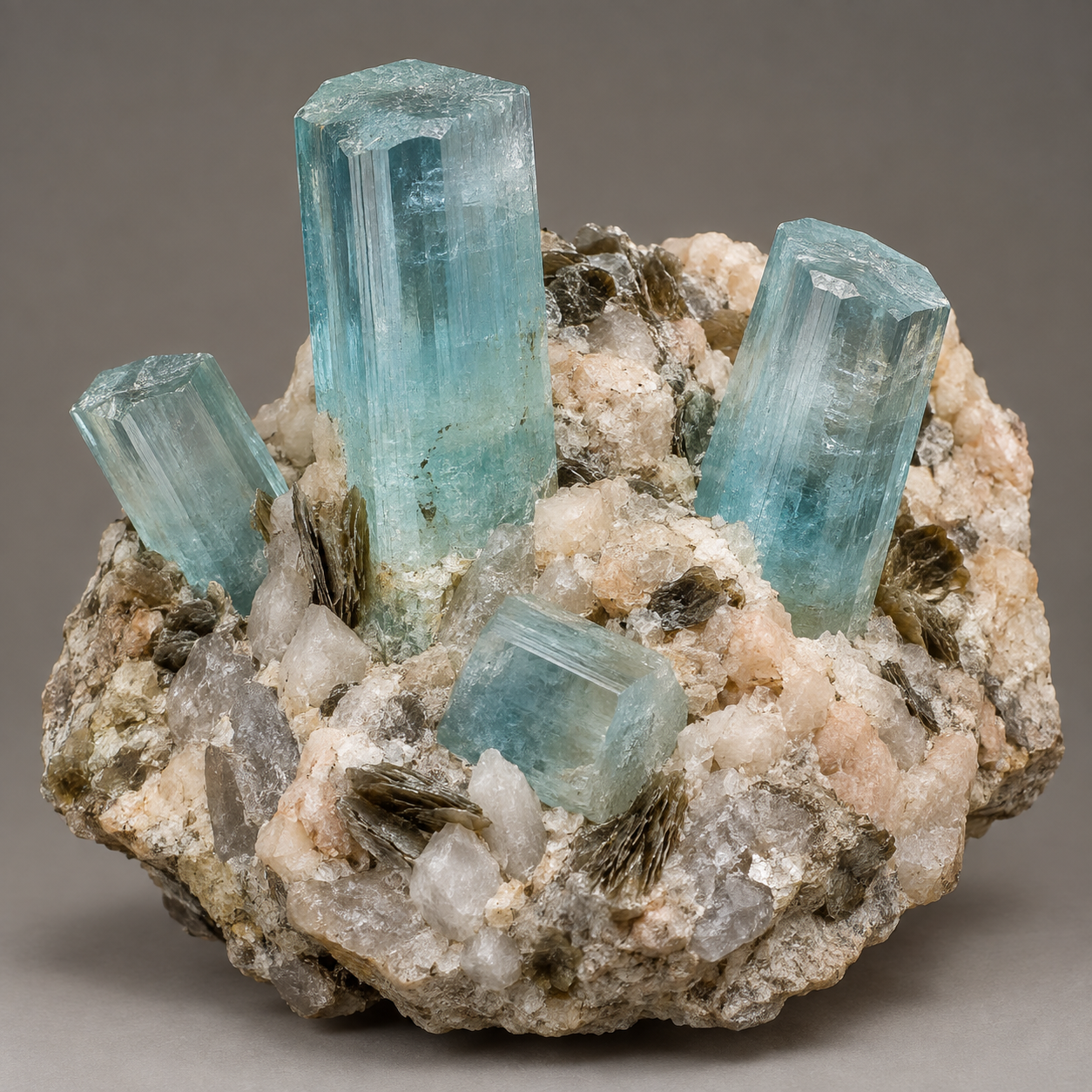 Generated specimen-style view of pale blue aquamarine beryl crystals in pegmatite