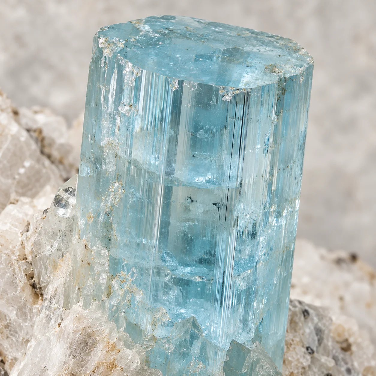 Generated macro view of a pale blue aquamarine beryl prism with a flat termination and striations