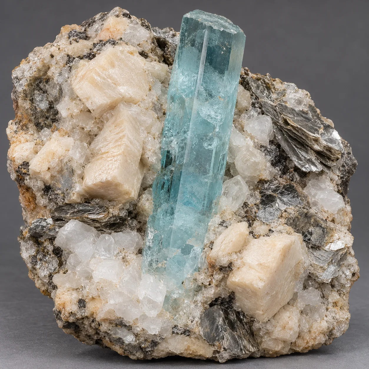 Generated matrix view of a long pale blue aquamarine beryl prism in pegmatite