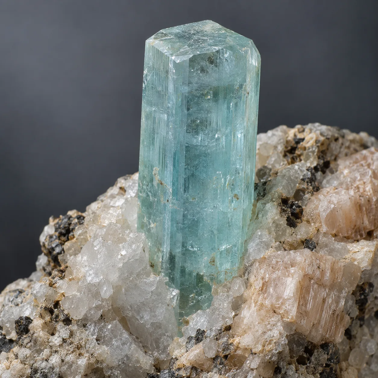 Generated macro view of a blue-green hexagonal beryl prism in pegmatite