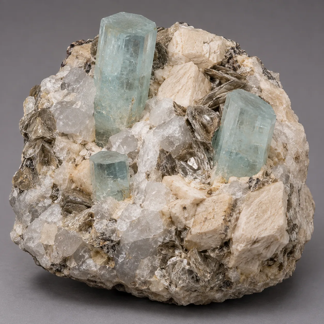 Generated matrix view of beryl with quartz, feldspar, and mica