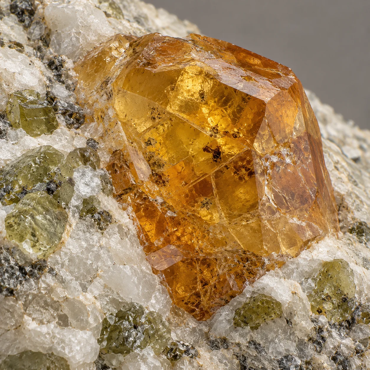 Generated macro view: Amber clinohumite crystal detail with inclusions and pale marble contacts