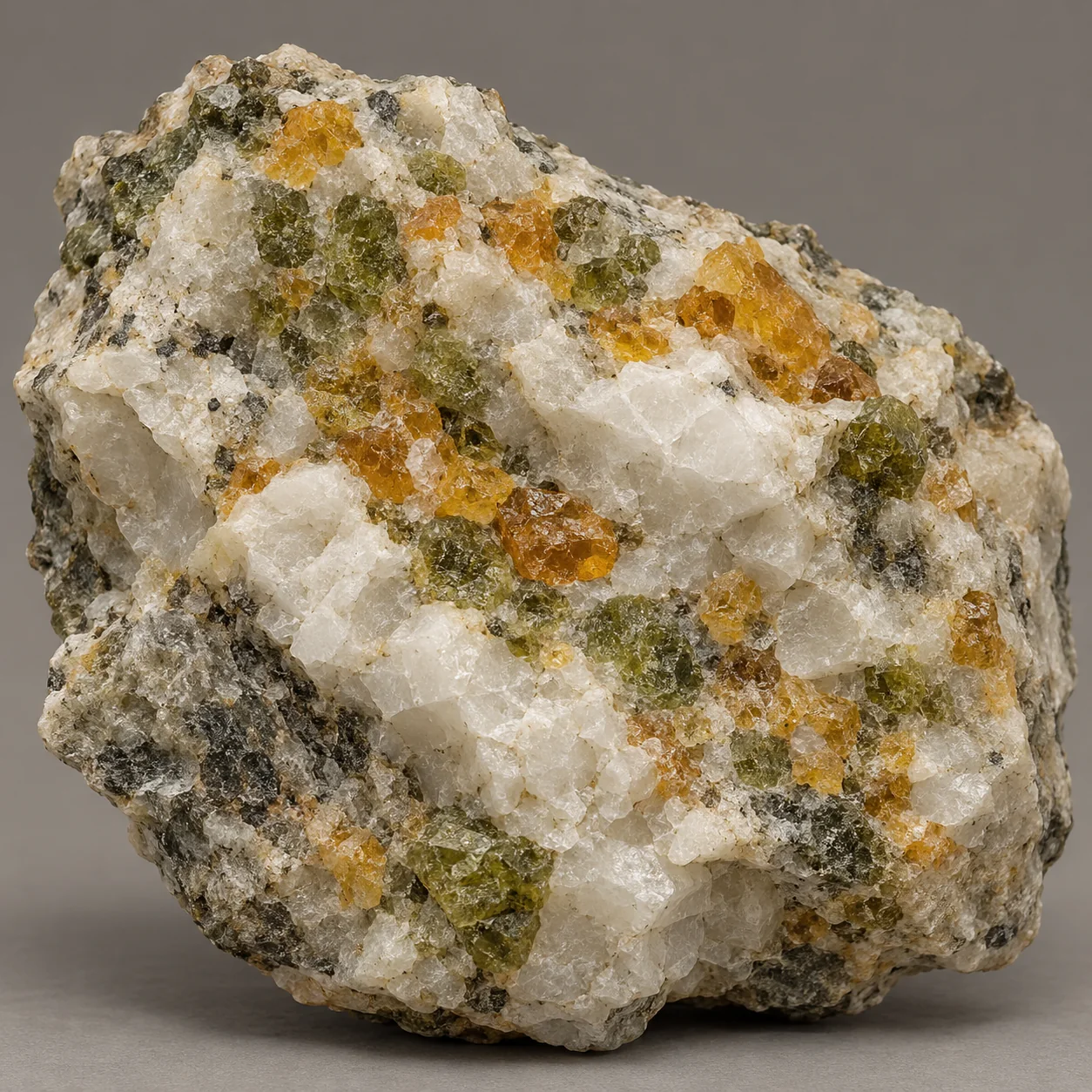 Generated matrix view: Amber clinohumite and muted olive forsterite grains in coarse pale marble