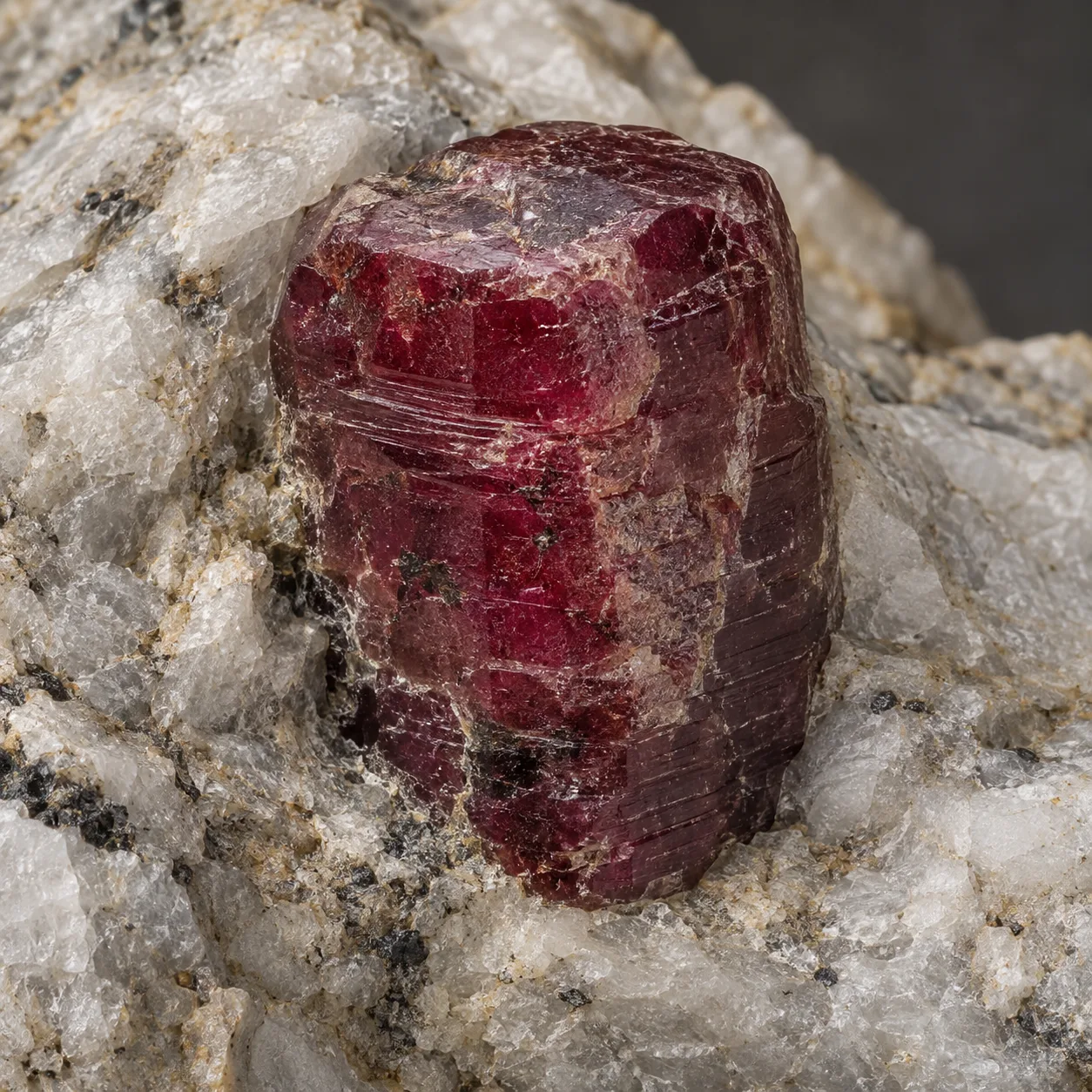 Generated macro view of barrel-shaped red corundum in marble