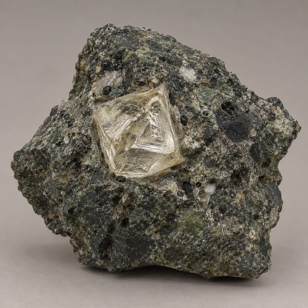 Generated rough octahedral diamond crystal in kimberlite
