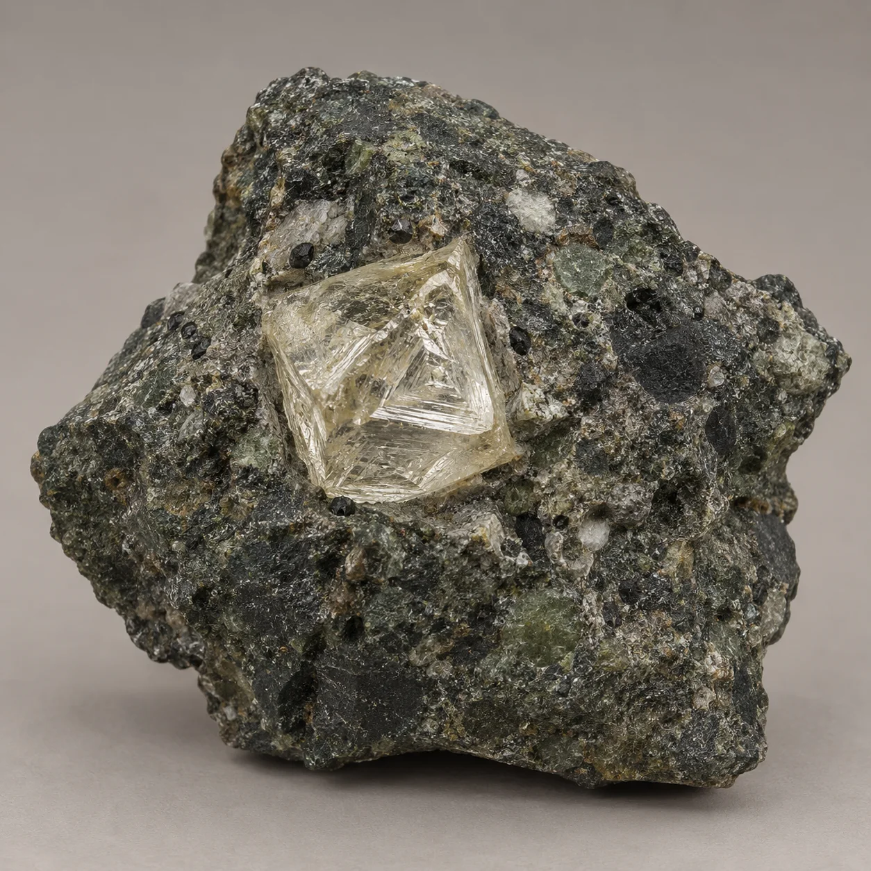 Generated rough octahedral diamond crystal in kimberlite