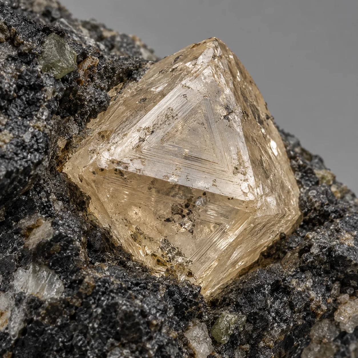 Generated macro view: Rough pale diamond octahedron with triangular surface markings in kimberlite