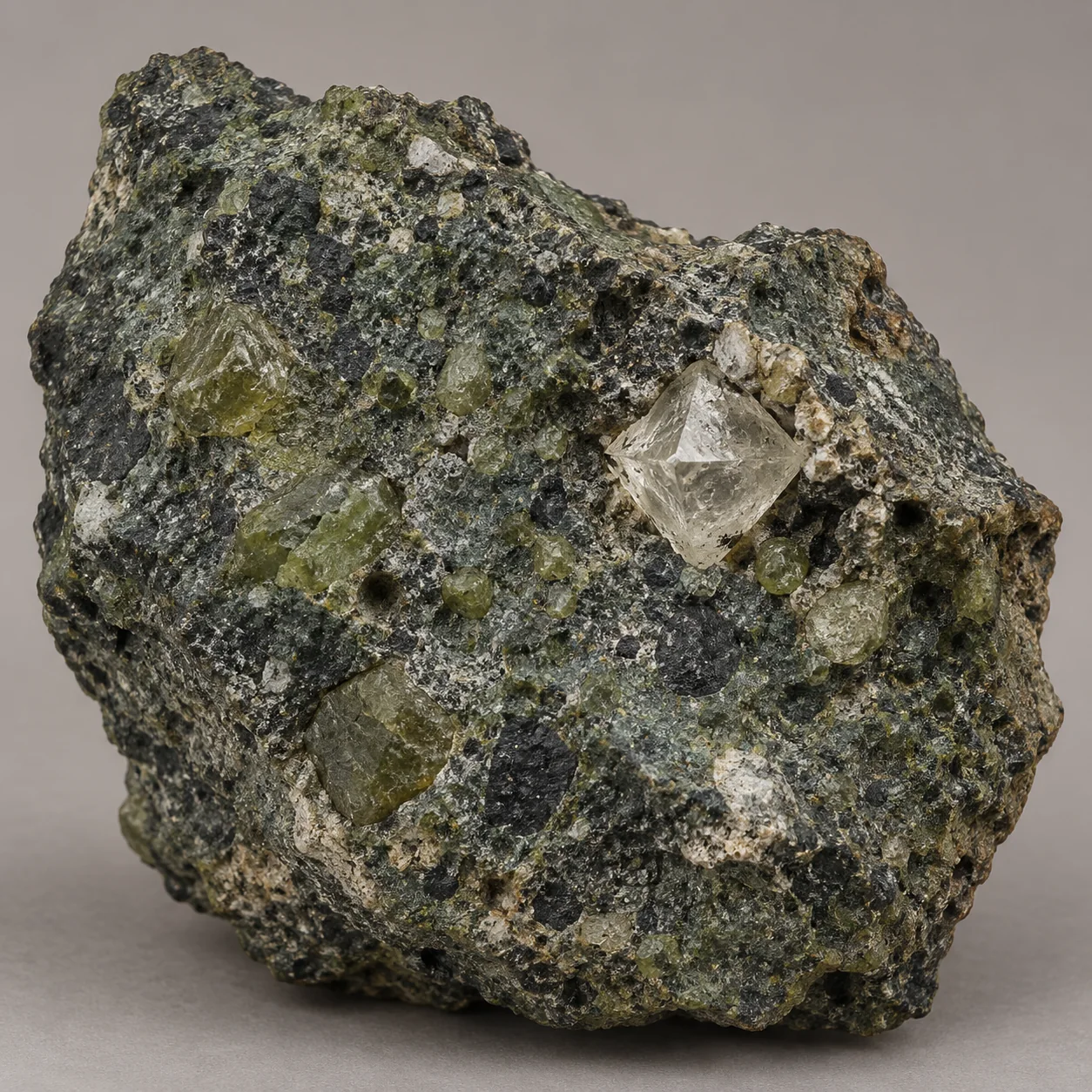 Generated matrix view: Small rough diamond octahedron embedded in a dark varied-grain kimberlite fragment