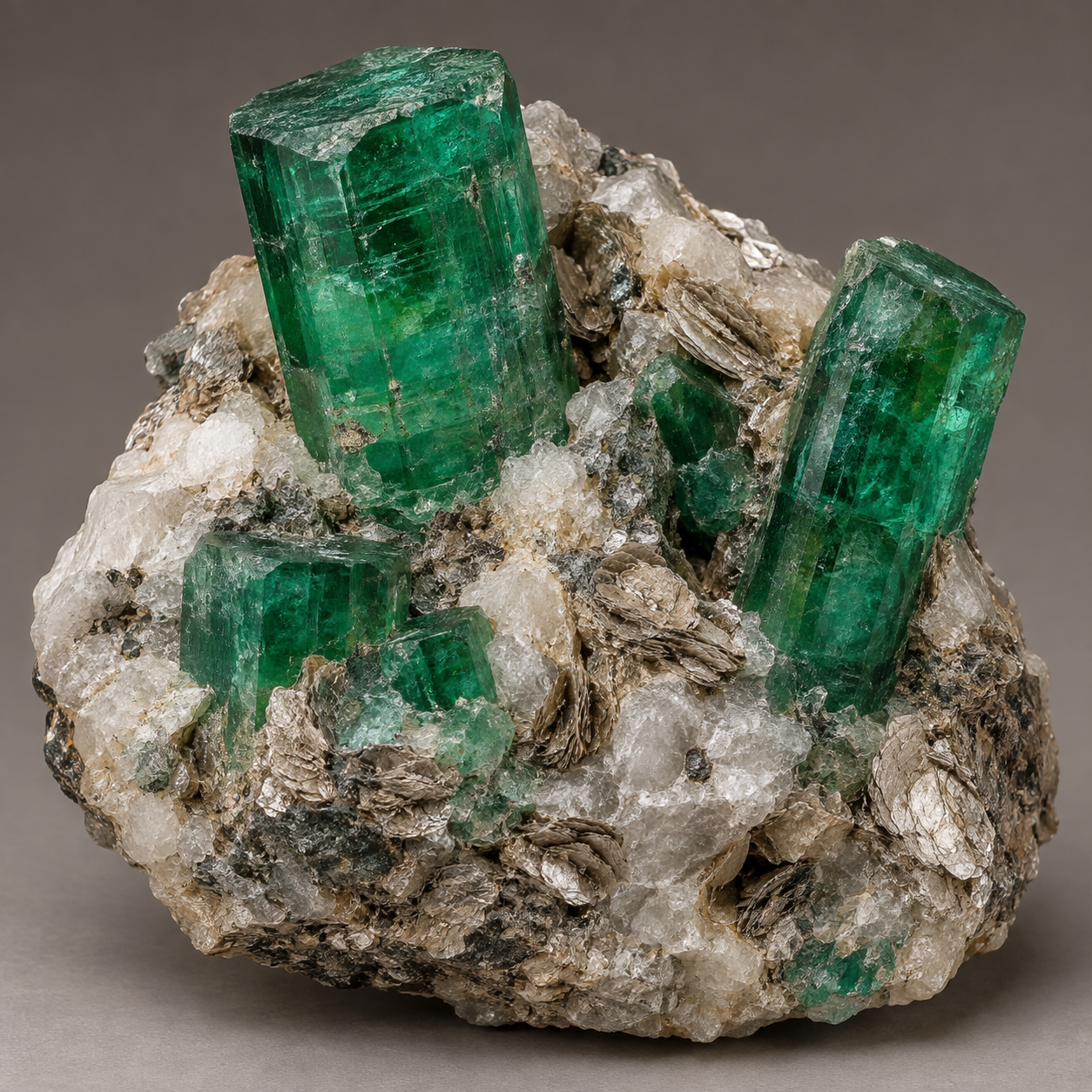 Generated specimen-style view of green emerald beryl crystals in mica-bearing matrix