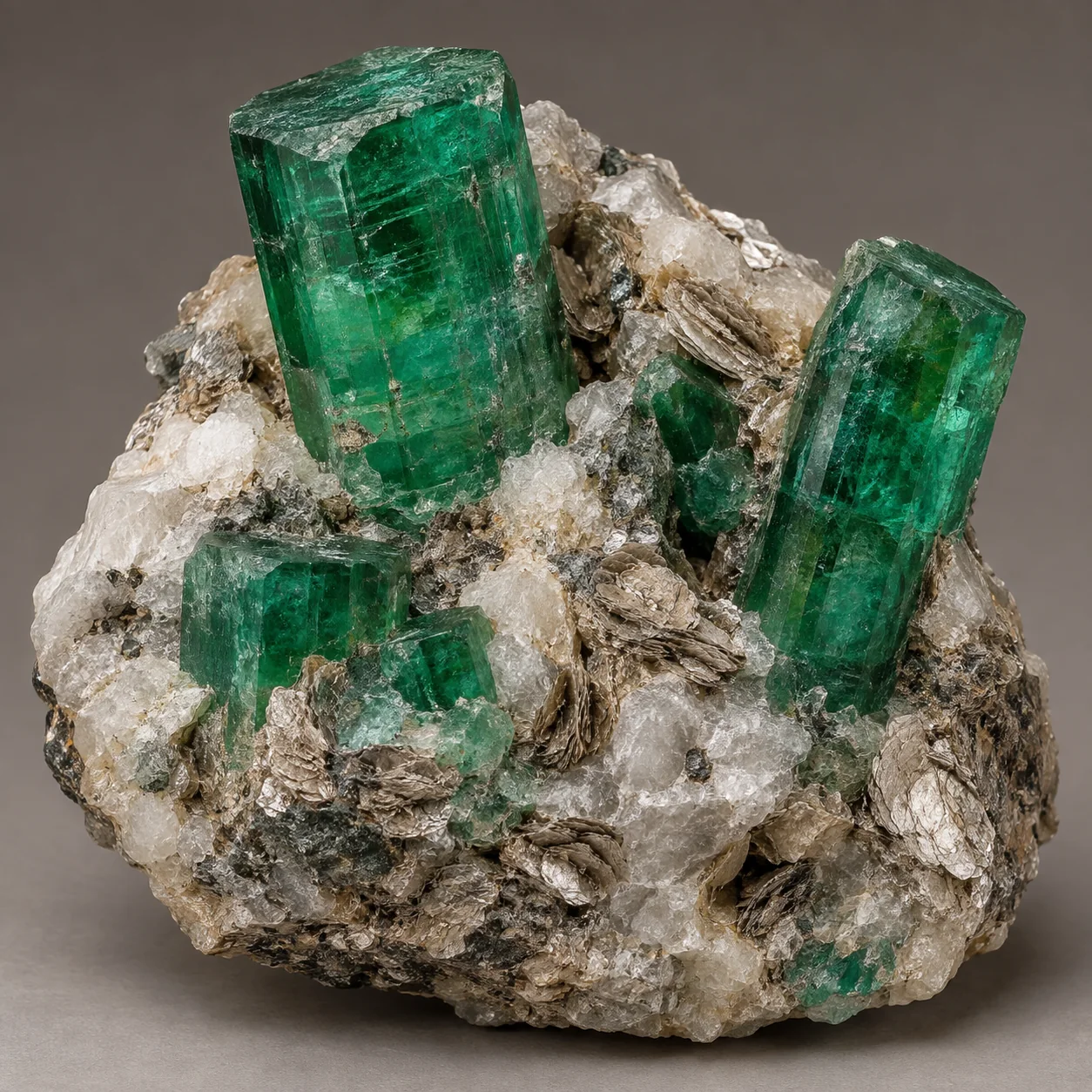 Generated specimen-style view of green emerald beryl crystals in mica-bearing matrix