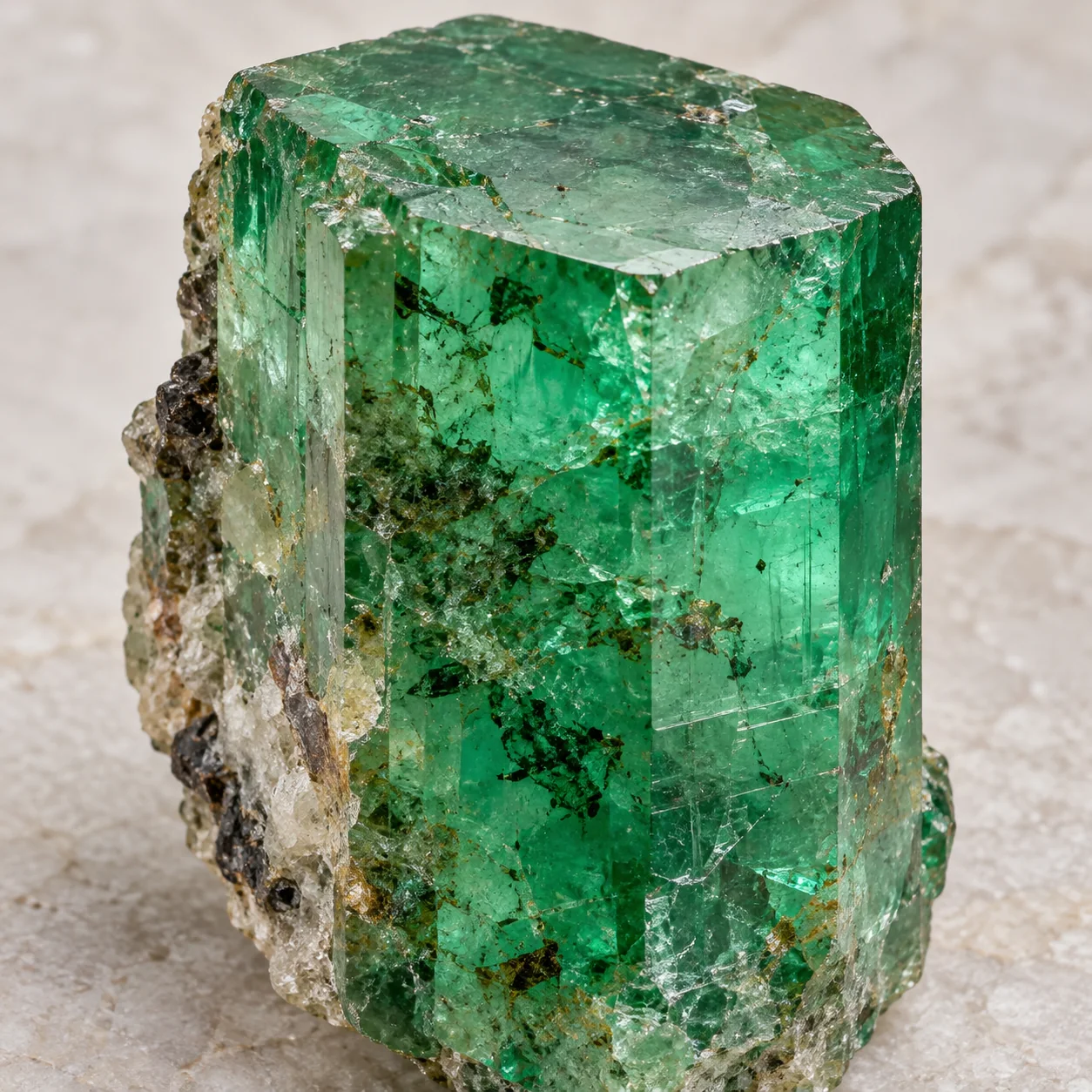 Generated macro view of a green emerald beryl prism with jardin inclusions