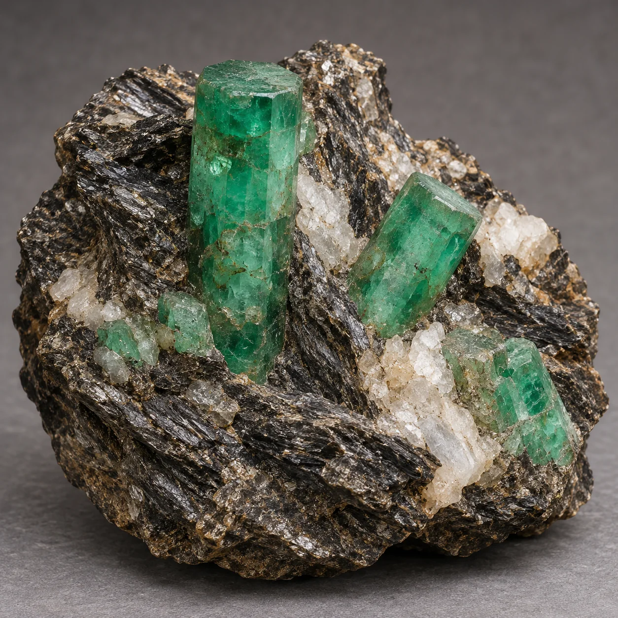 Generated matrix view of green emerald beryl crystals in dark mica schist with quartz