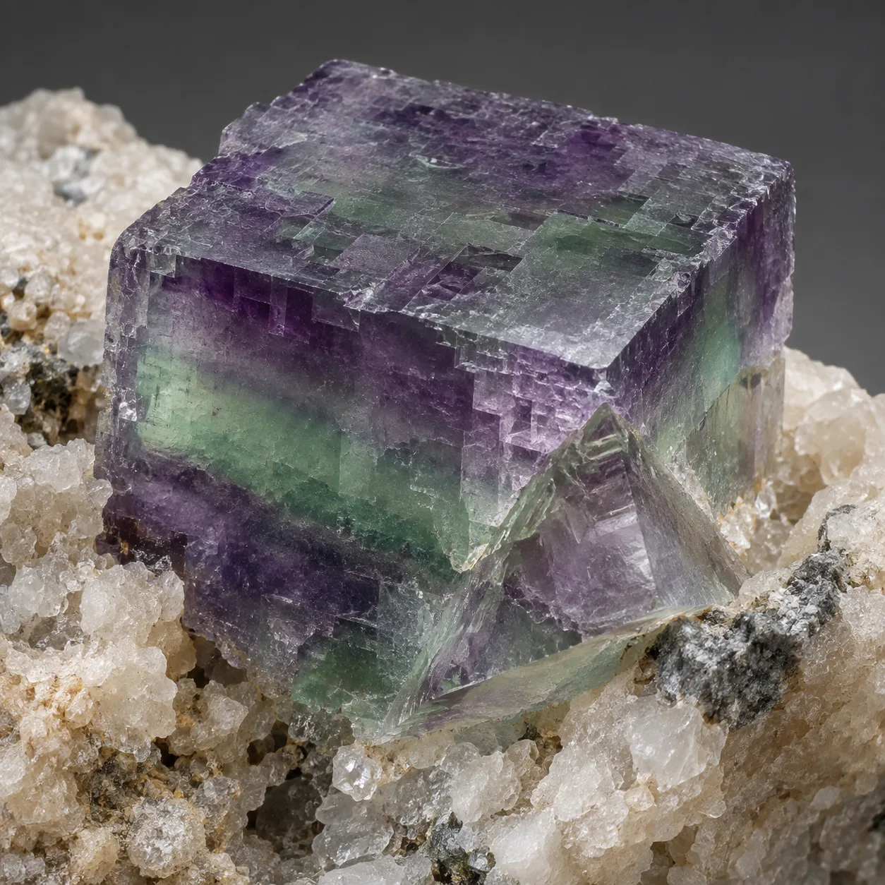 Generated macro view of zoned cubic fluorite with an octahedral cleavage corner