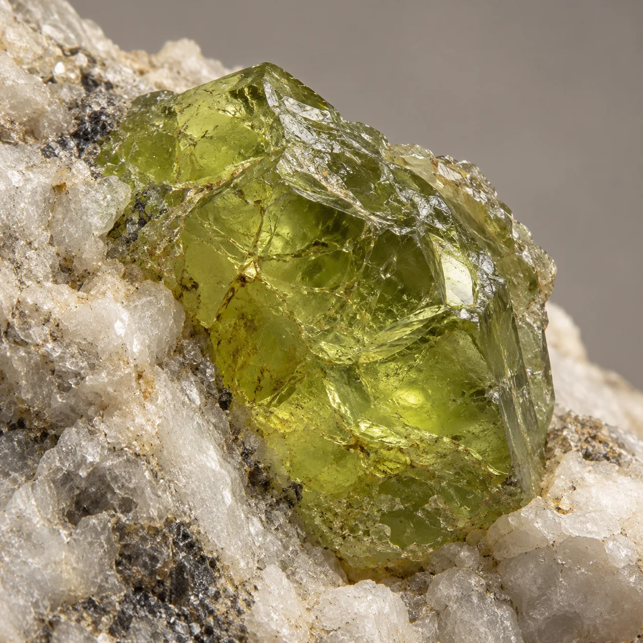 Generated macro view: Translucent olive-green forsterite grain with irregular fracture surfaces in marble