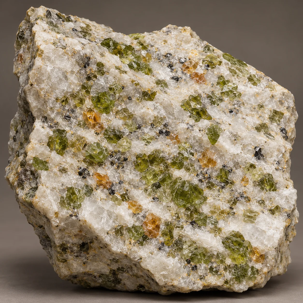 Generated matrix view: Small olive forsterite grains and subtle amber grains dispersed through pale marble