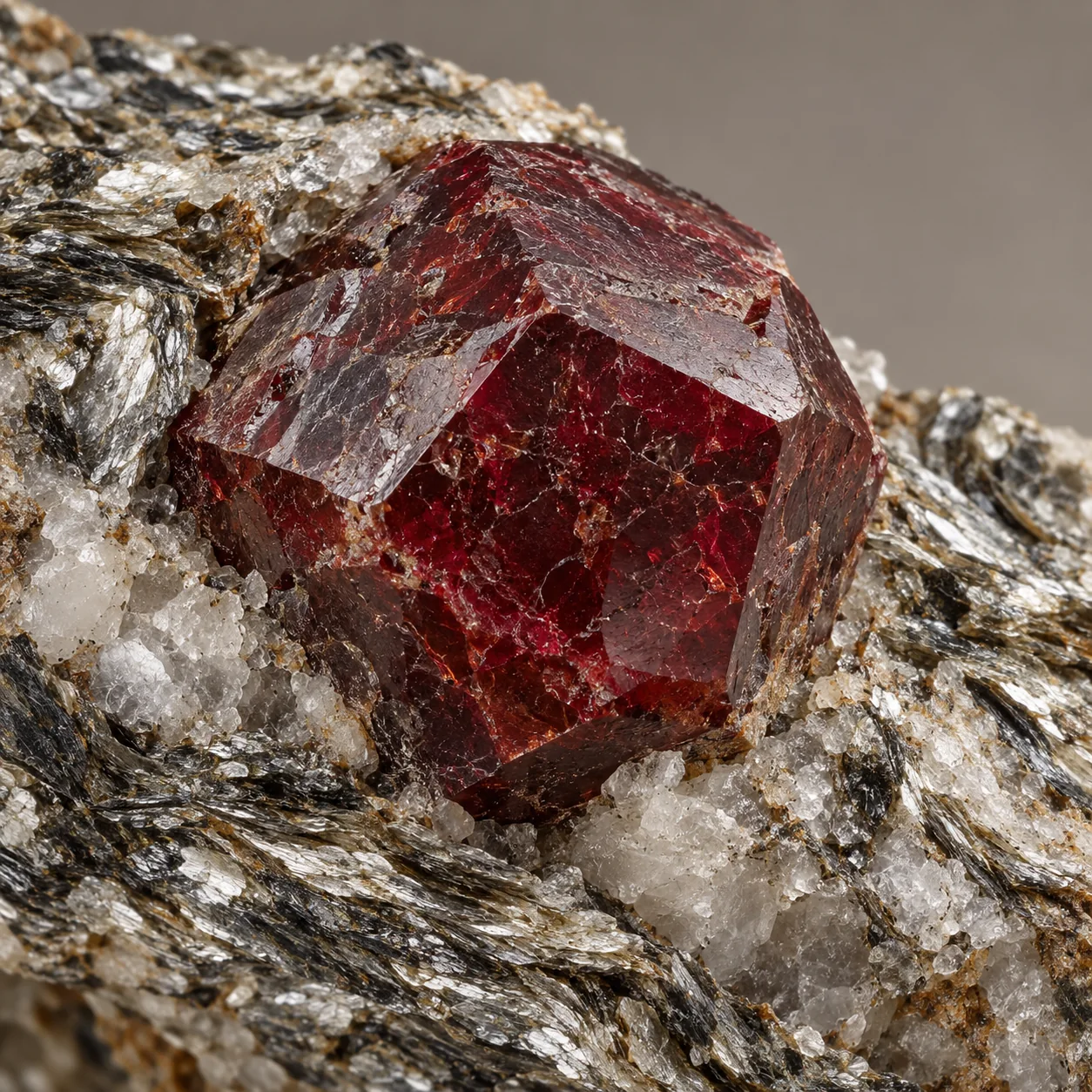 Generated macro view: Weathered wine-red dodecahedral garnet crystal in mica schist