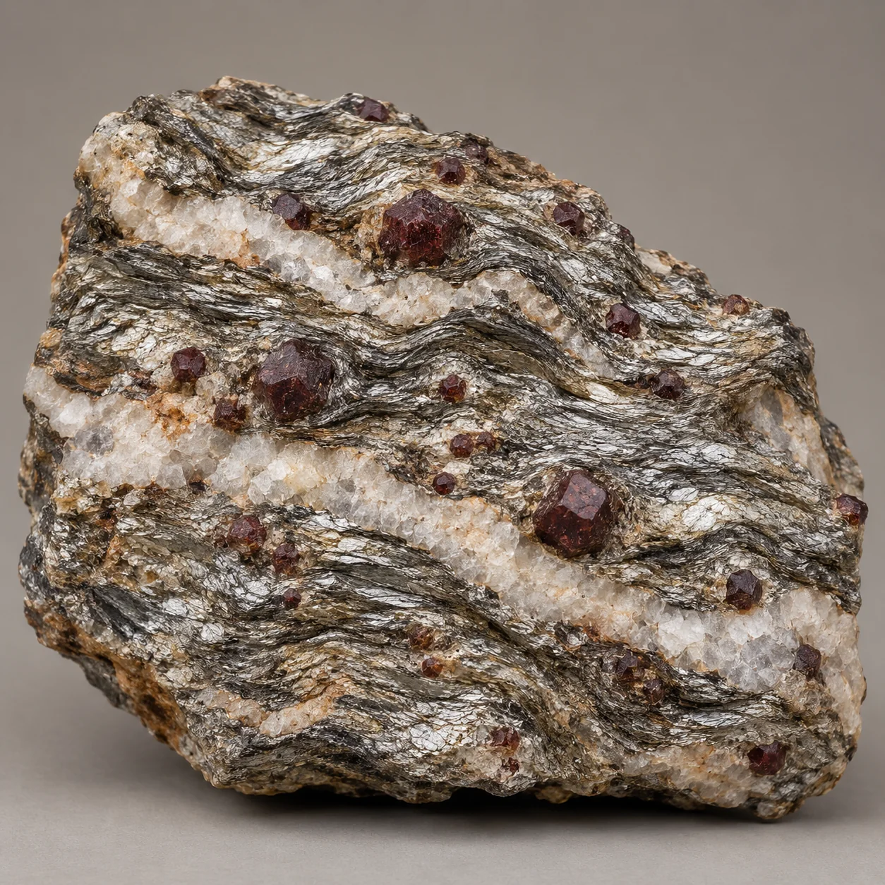 Generated matrix view: Small red garnet crystals among foliated mica schist and pale quartz bands