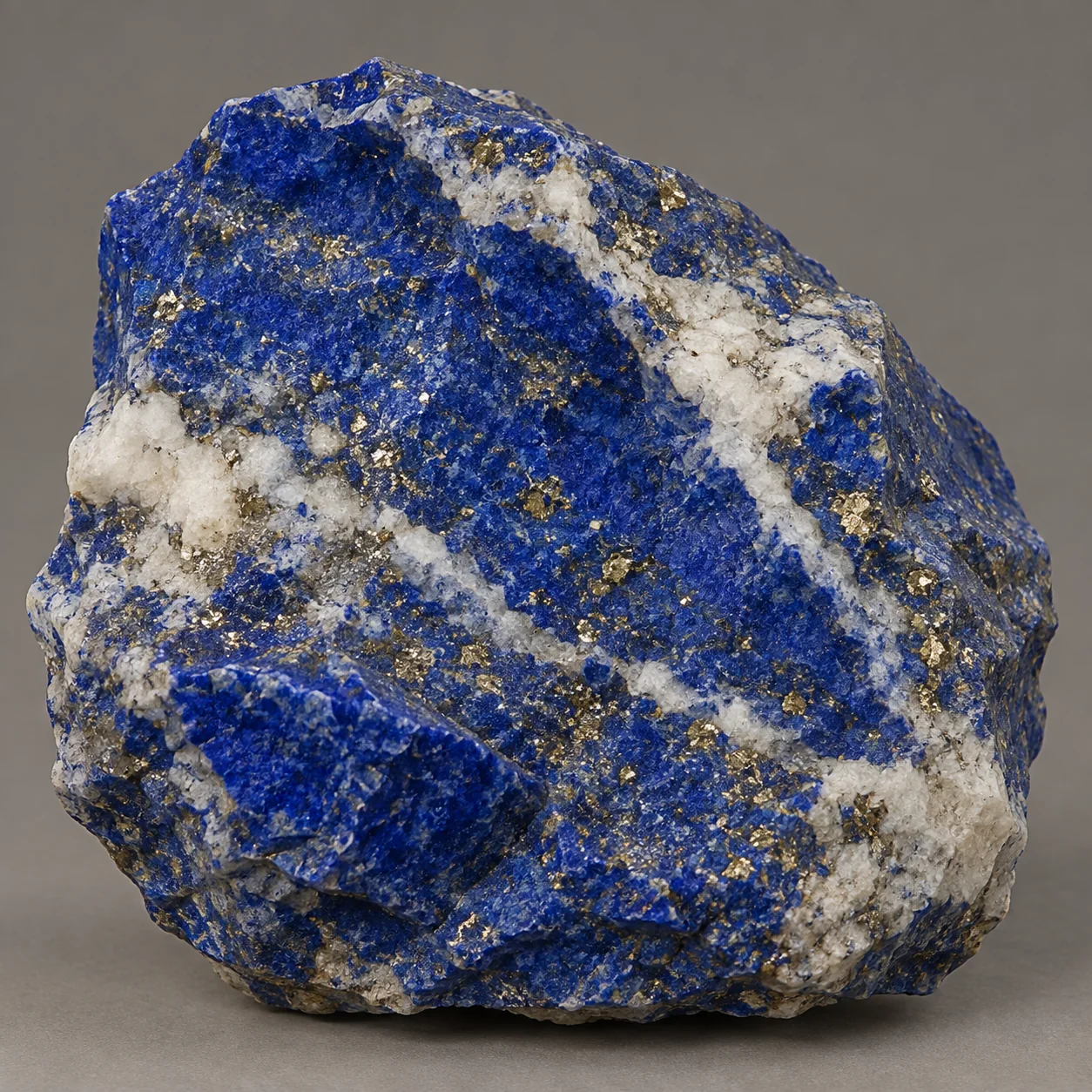 Generated rough lapis lazuli with blue lazurite-rich areas, white calcite and pyrite flecks