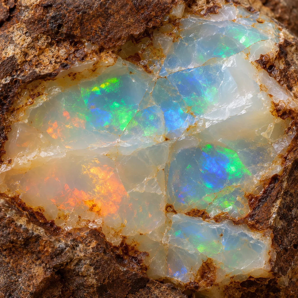 Generated macro view: Milky precious opal detail with restrained play of colour and an ironstone rim
