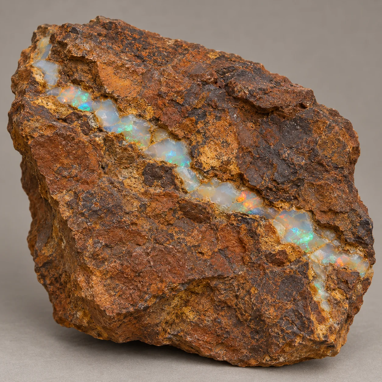 Generated matrix view: Narrow winding opal seam through weathered rusty brown ironstone