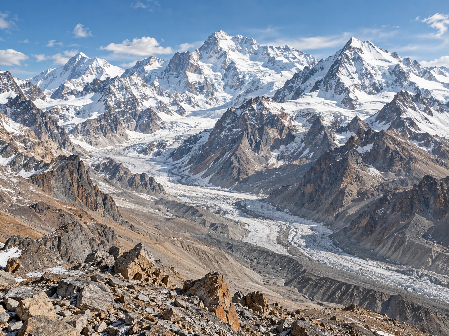 Layered rocky ridges, glacial valleys, and snow-covered peaks in an editorial landscape inspired by the Pamir Mountains