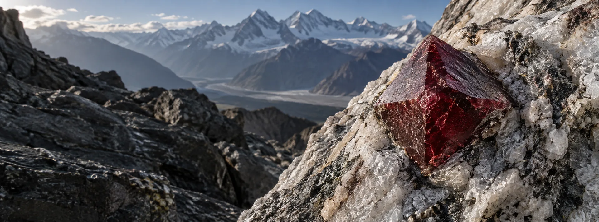 Red spinel crystal in marble with the Pamir Mountains beyond