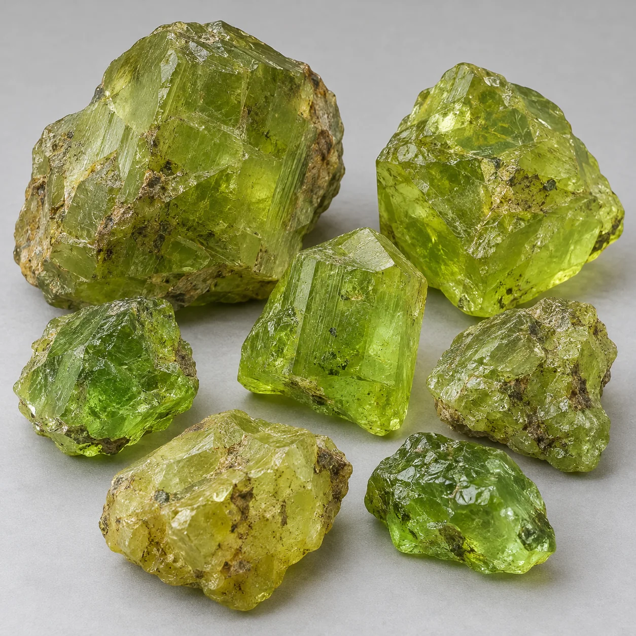 Generated reference view of yellow-green to grass-green rough peridot crystals and fragments