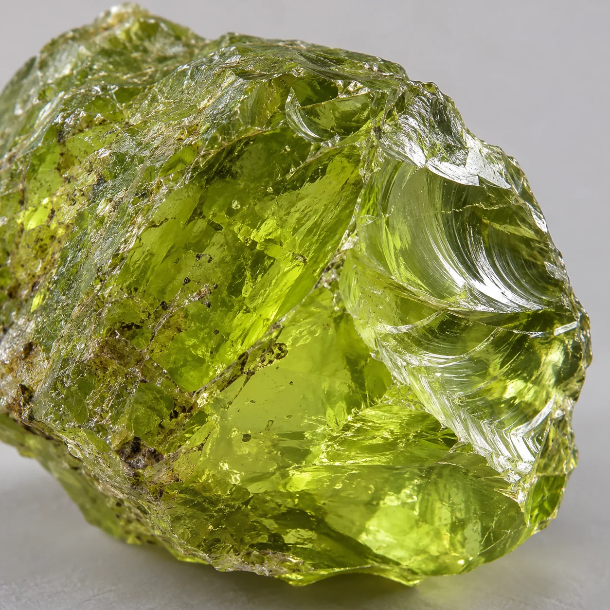Generated macro view of a transparent yellow-green peridot fragment with glassy lustre and conchoidal fracture