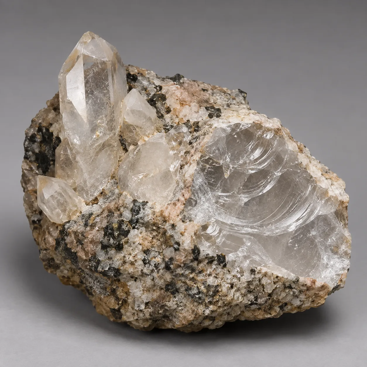 Generated diagnostic view of conchoidal fracture beside quartz crystals in granitic matrix
