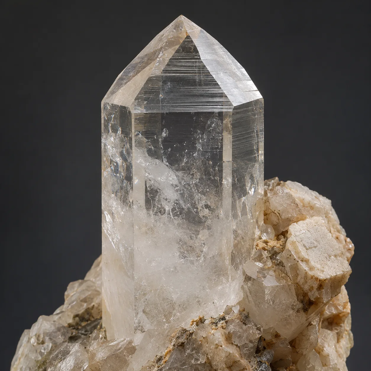 Generated macro view of a terminated quartz prism with growth striations in feldspar matrix