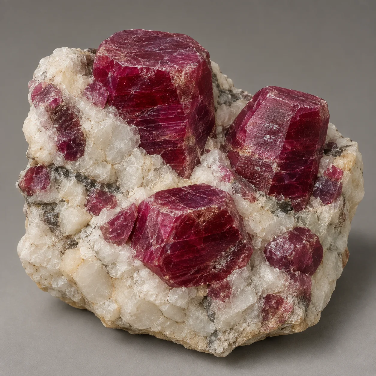 Generated specimen-style view of red ruby corundum crystals in pale marble