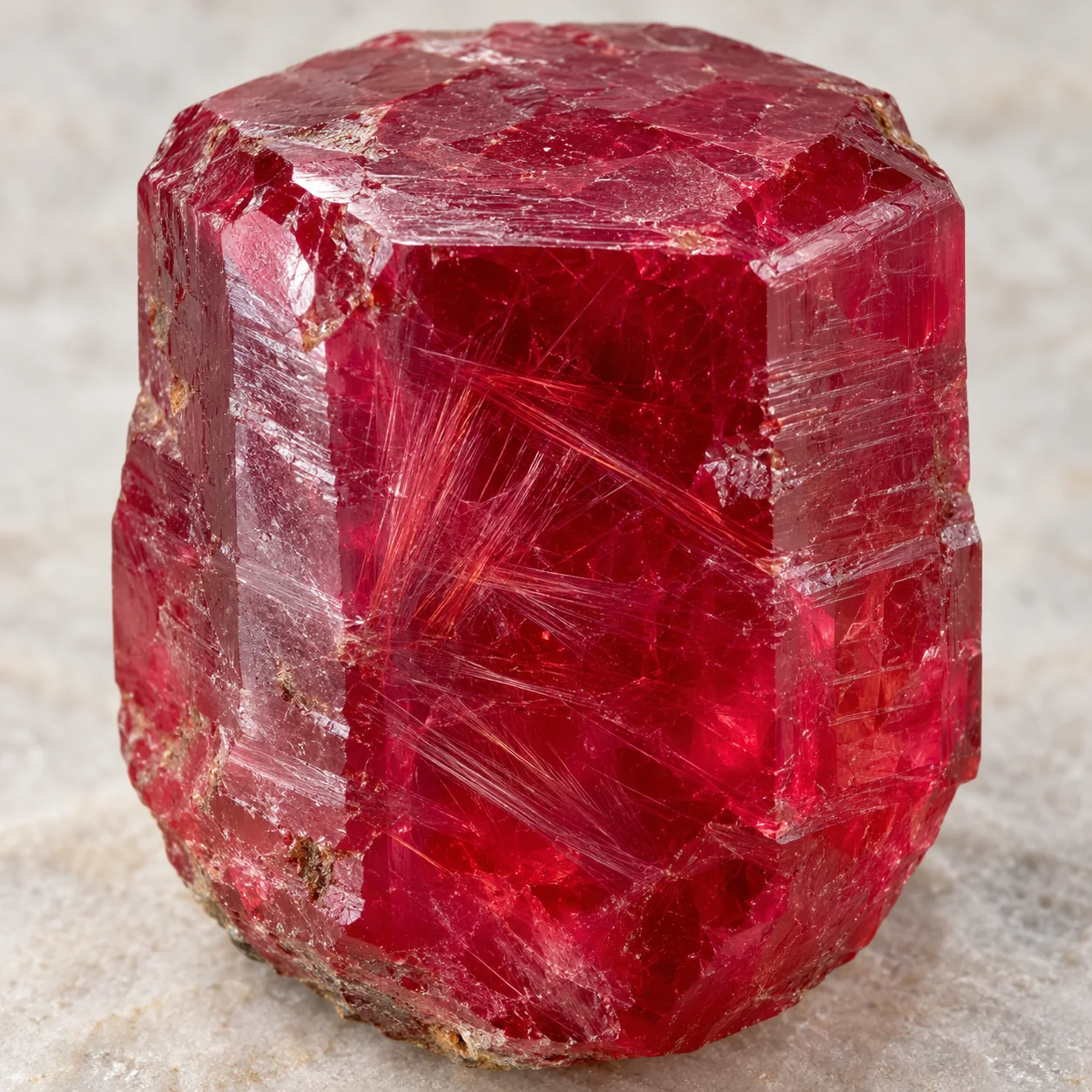 Generated macro view of a red ruby corundum crystal with silky rutile inclusions