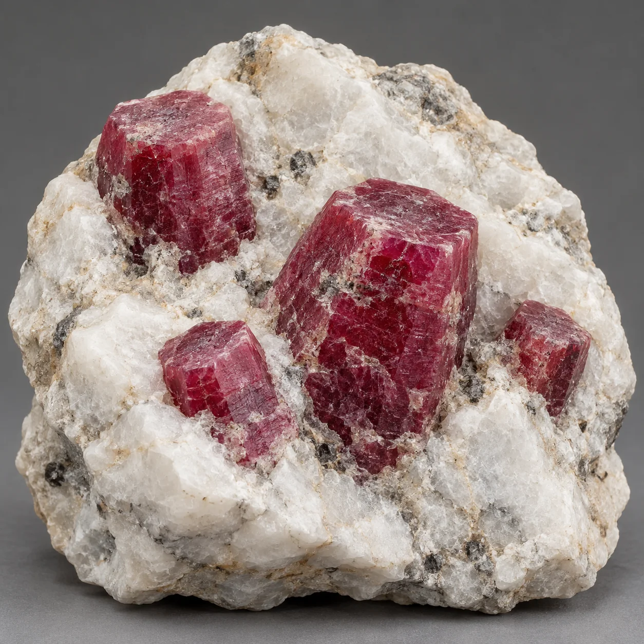 Generated matrix view of red ruby corundum crystals in white marble