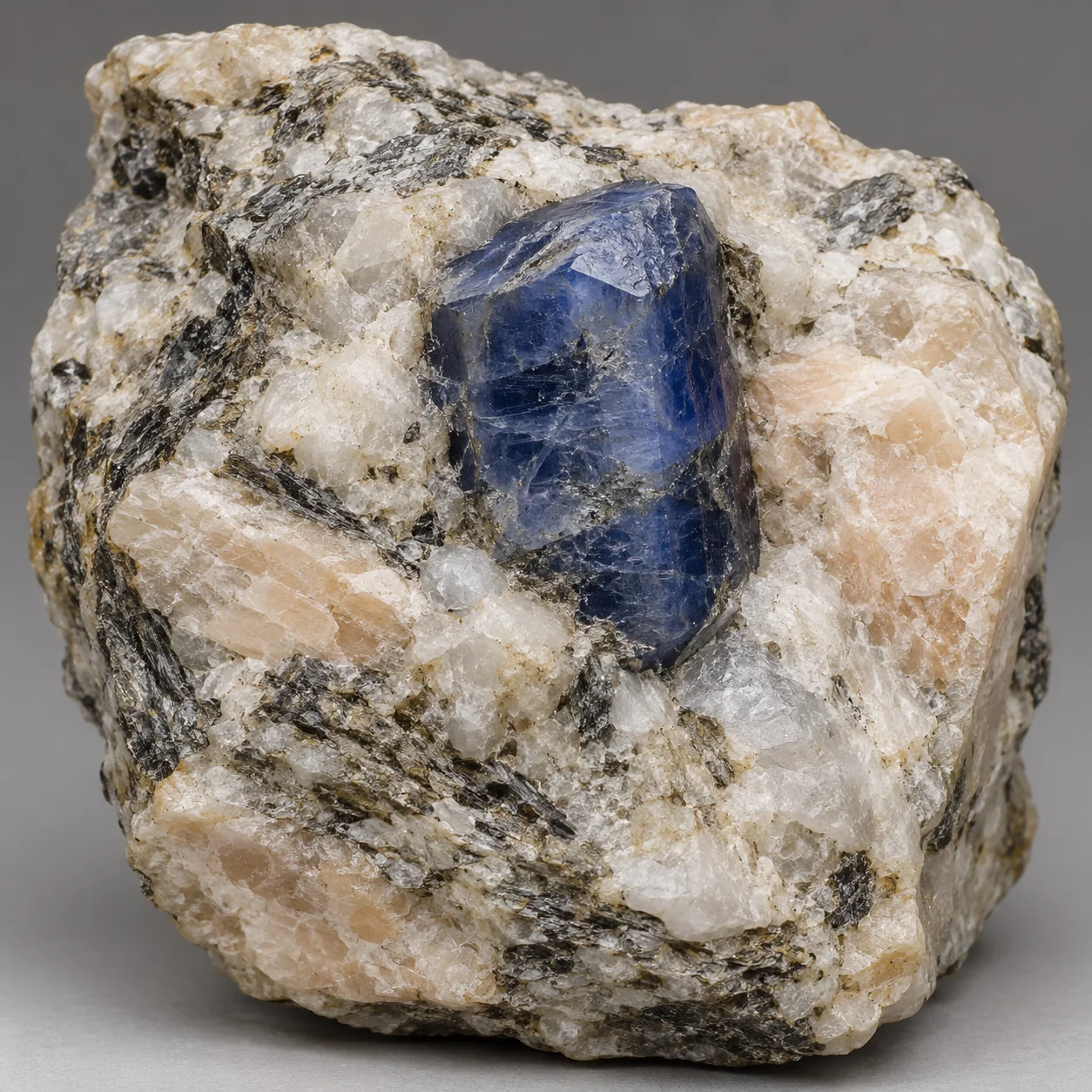 Generated matrix view of a blue sapphire corundum crystal in pale gneiss and pegmatite