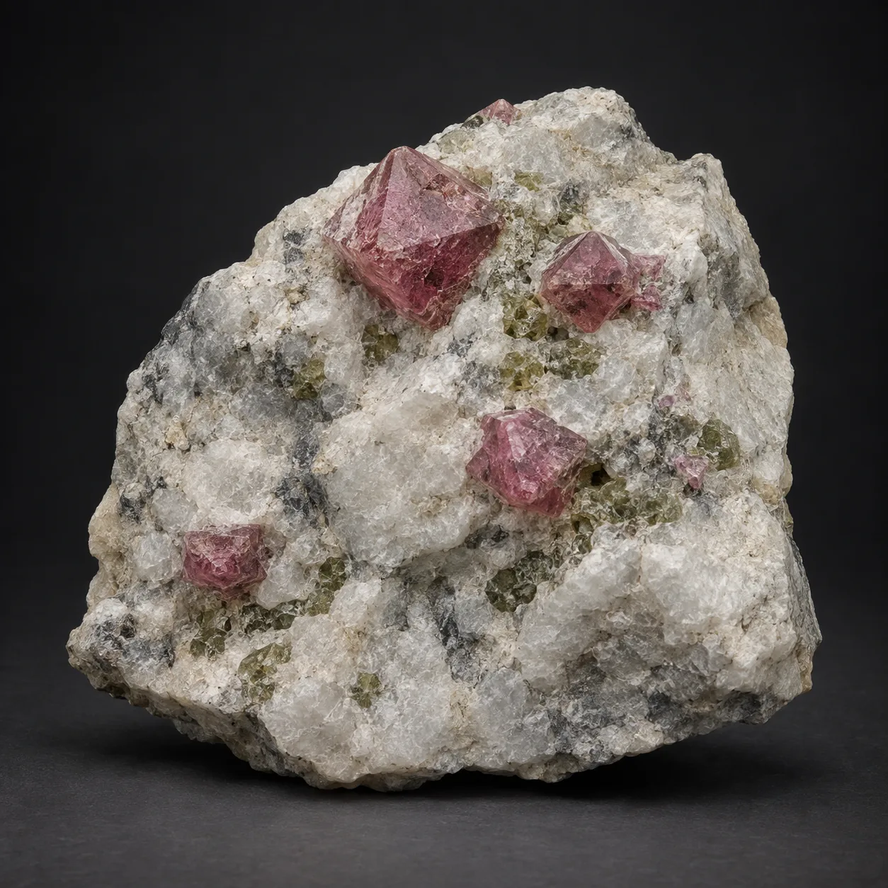 Generated full specimen-style view of rose-pink octahedral spinel in pale marble with green forsterite
