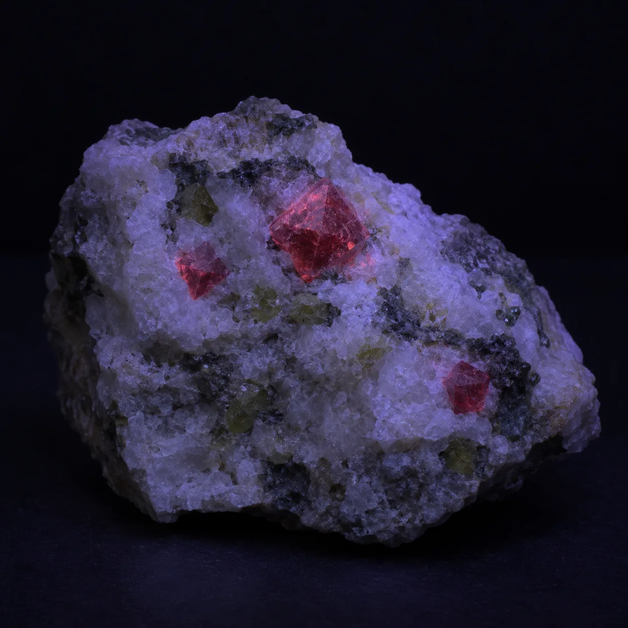 Generated ultraviolet-light concept view with restrained red fluorescence in spinel crystals on marble
