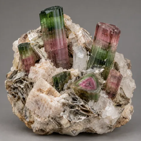 Generated specimen-style view of green and pink tourmaline-group crystals in pegmatite