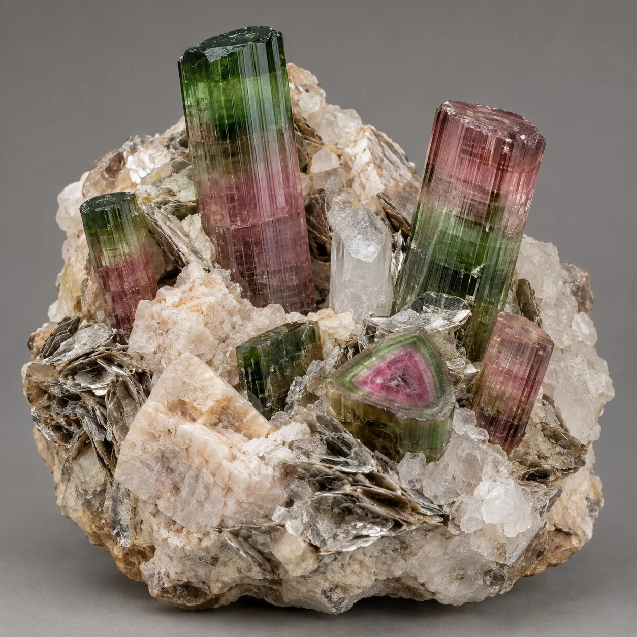 Generated specimen-style view of green and pink tourmaline-group crystals in pegmatite