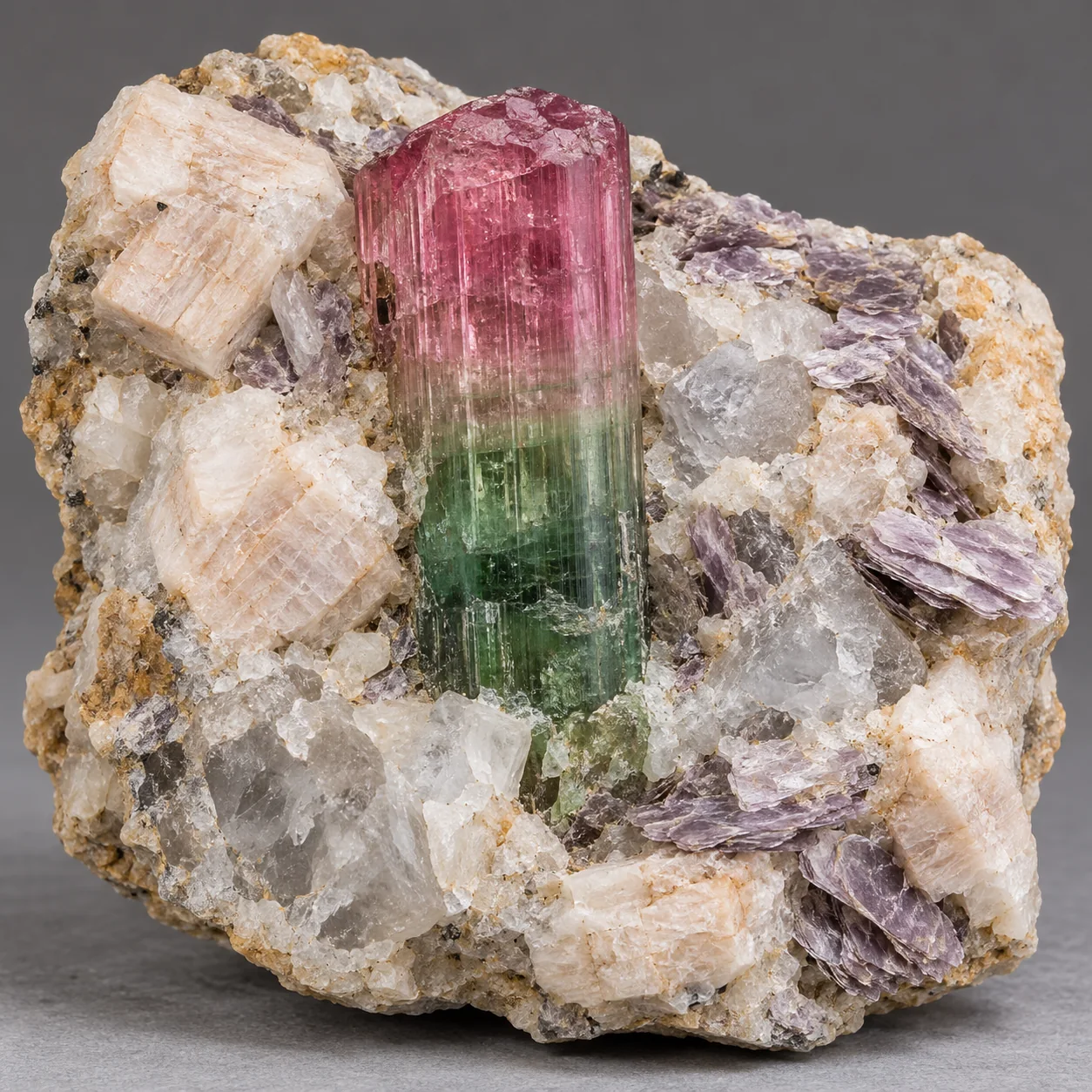 Generated matrix view of a pink and green tourmaline-group crystal in pegmatite with lepidolite