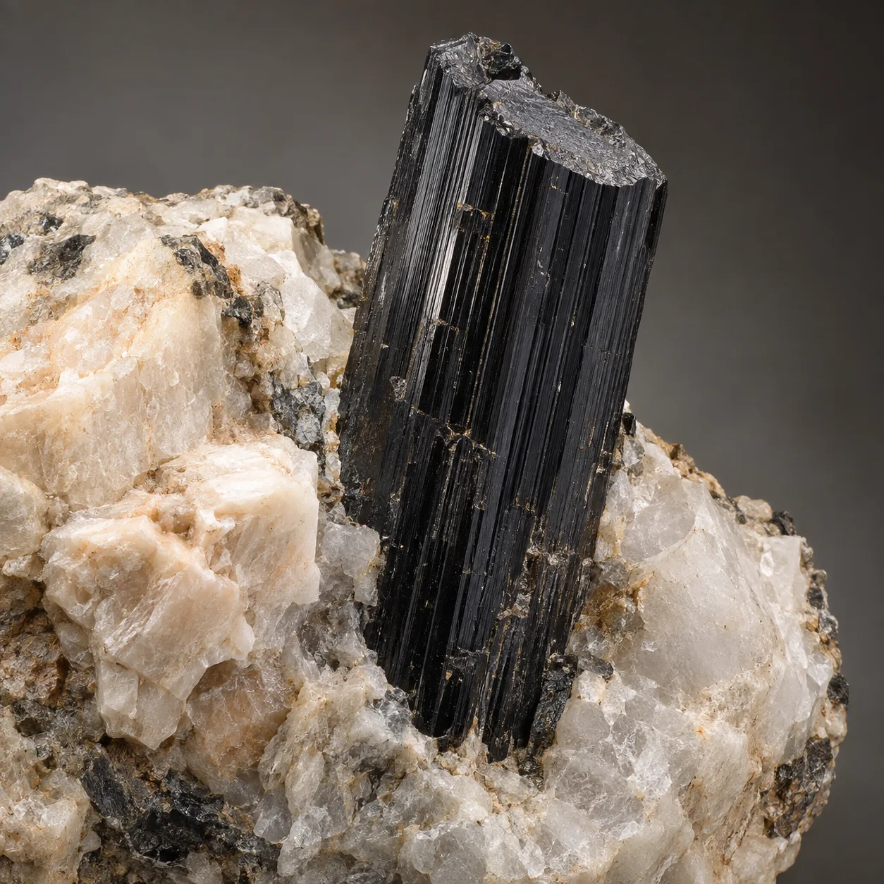 Generated macro view of striated black schorl tourmaline in pegmatite
