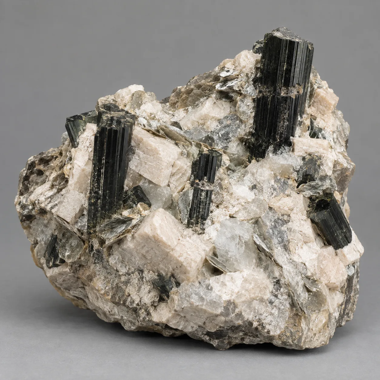 Generated matrix view of black tourmaline with quartz, feldspar, and mica